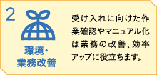 「環境・業務改善」受け入れに向けた作業確認やマニュアル化は業務の改善、効率アップに役立ちます。